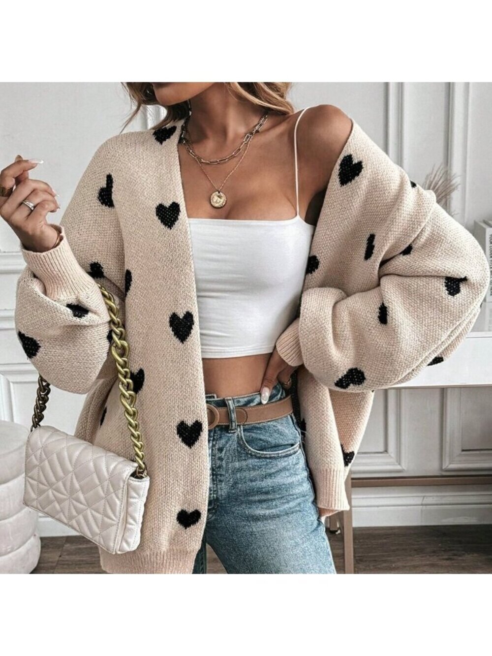 Multicolor Casual Women's V-Neck Heart Print Knitted Cardigan